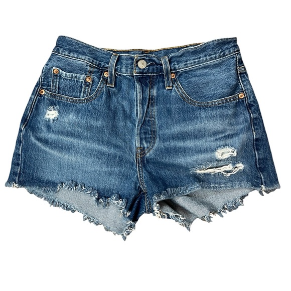 Levi's Pants - Levis Women Size 27 501 Shorts Blue Jeans Light Wash Denim Button Fly Distress